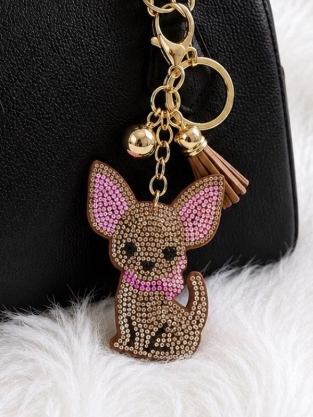 Chihuahua Rhinestone Keychain Bag Charm Key Ring Crystal Bling Brown Pink New